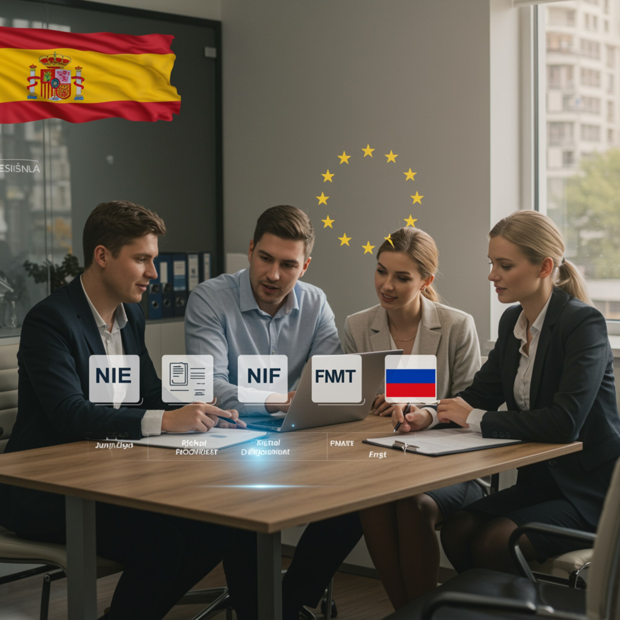 "Ilustración digital fotorrealista de una oficina de asesoría moderna en España, mostrando consultores guiando a una pareja extranjera en trámites digitales con documentos relevantes."