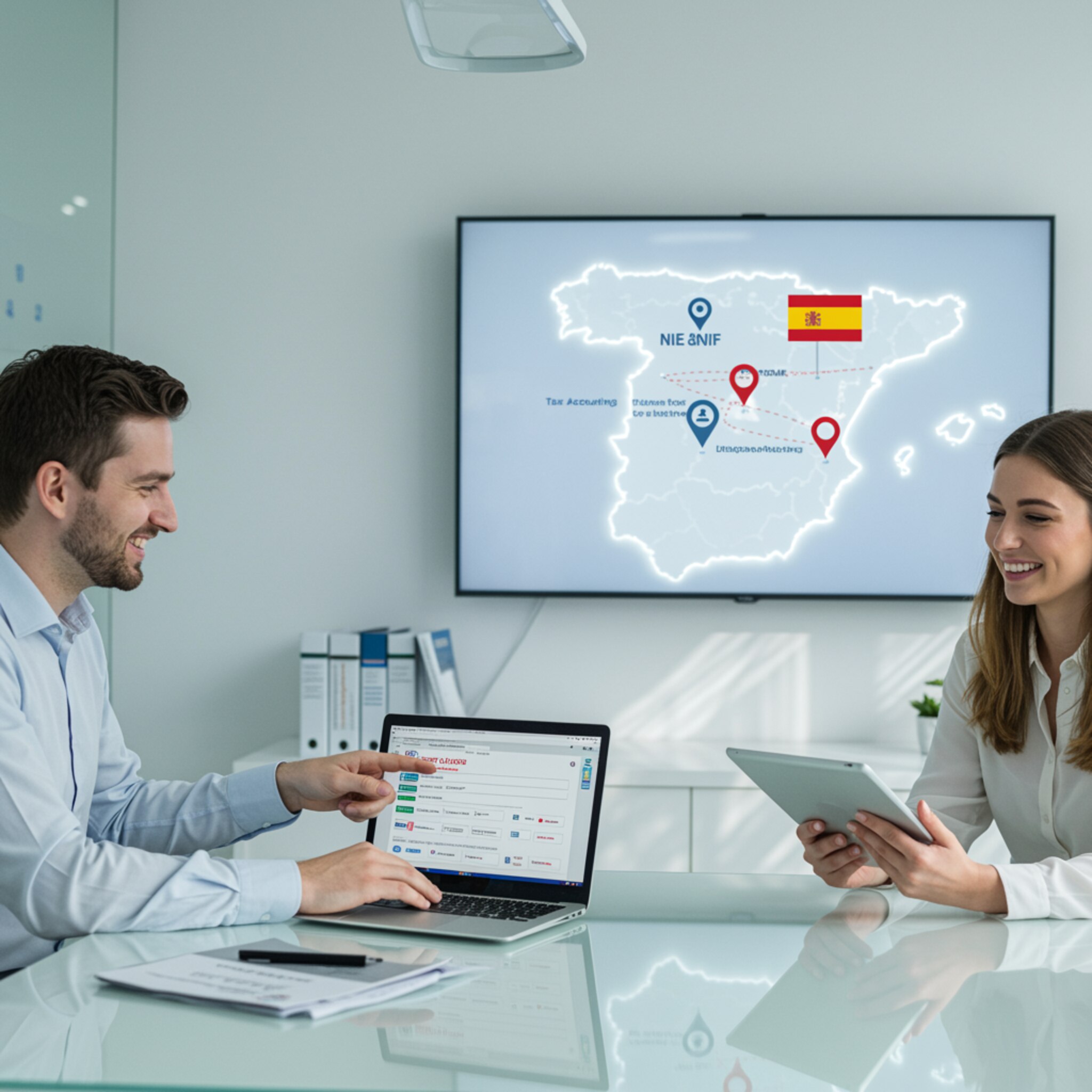 "Ilustración digital de una oficina asesora moderna en España, con un asesor y una clienta interactuando sobre servicios de NIE y NIF en un entorno profesional y acogedor."