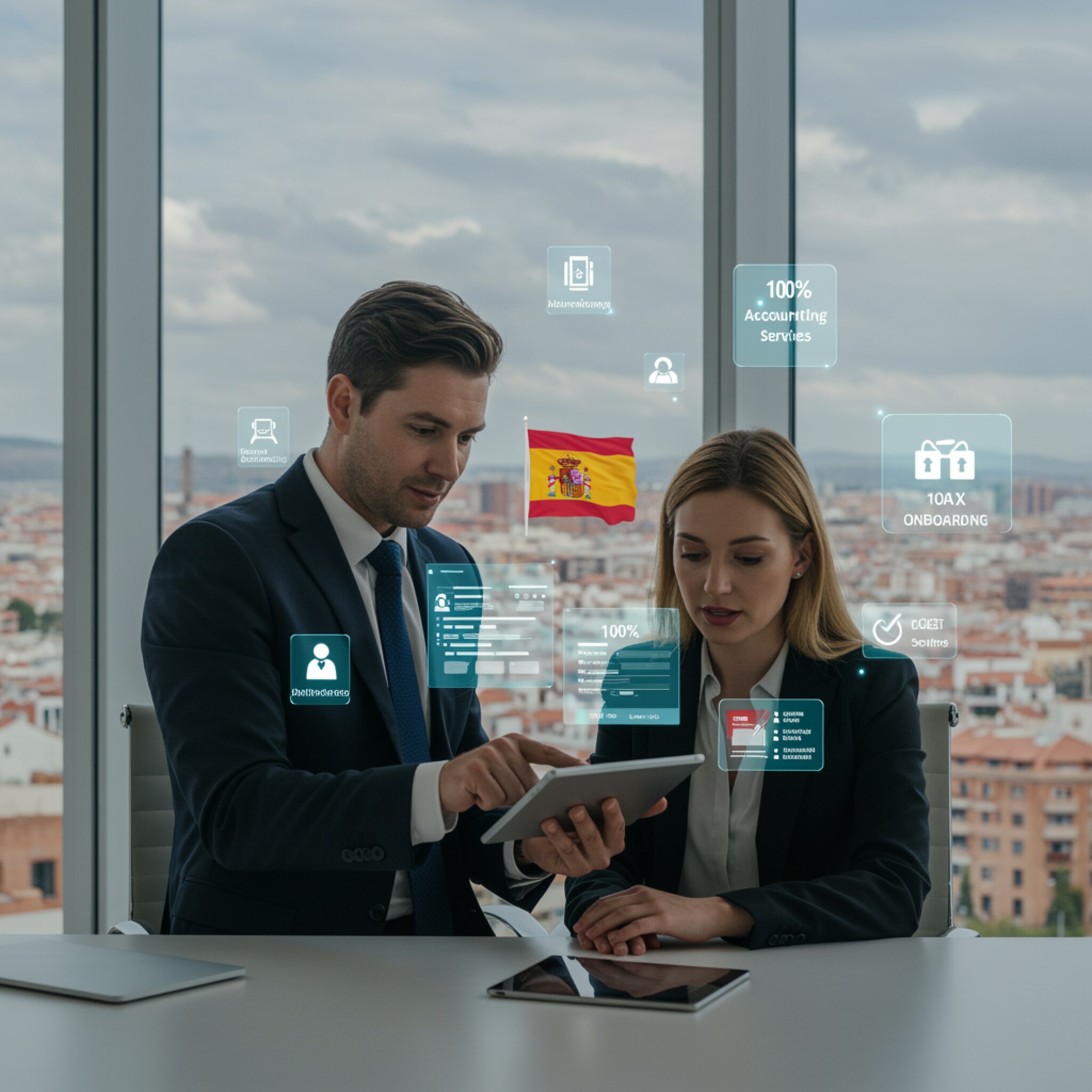 "Consultor y clienta revisan tablet en oficina moderna con vistas a una ciudad española, destacando servicios digitales de onboarding en España."