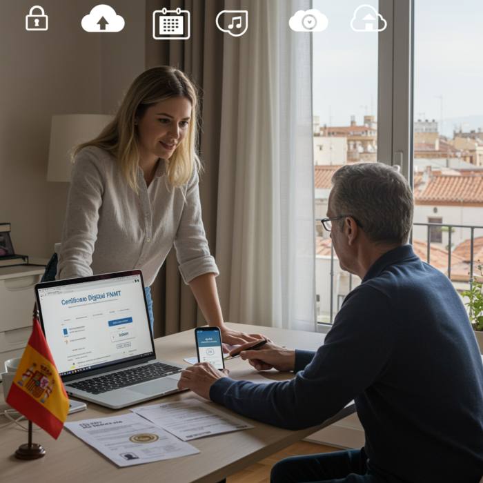 "Pareja profesional blanca en una oficina moderna española, completando una solicitud en línea para su certificado digital FNMT, rodeados de tecnología y un ambiente mediterráneo."